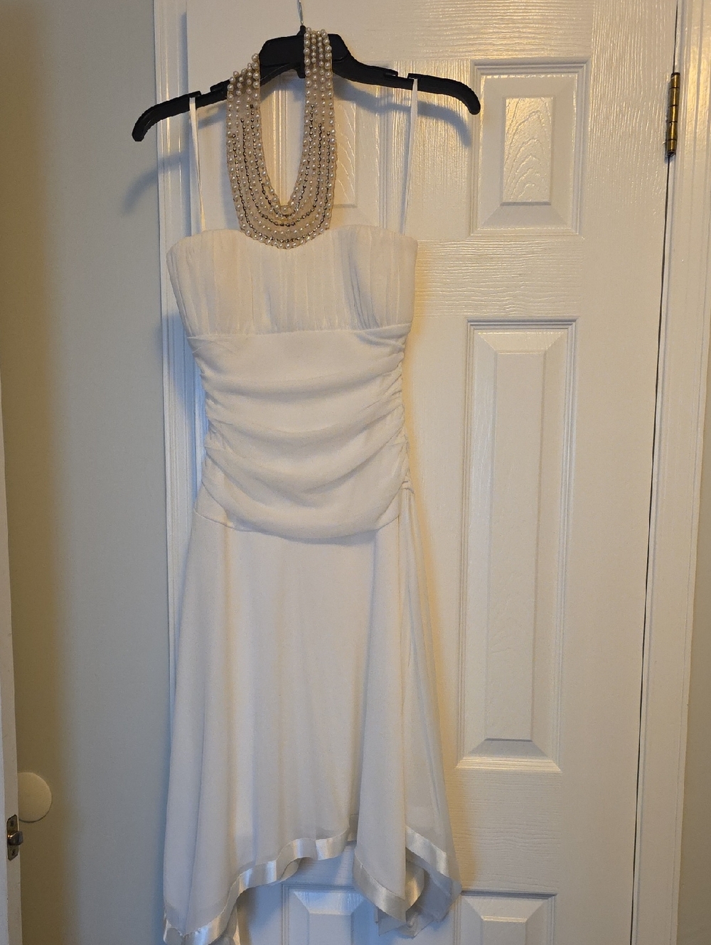 Strapless White Ruched Bodice Dress with Beaded Necklace